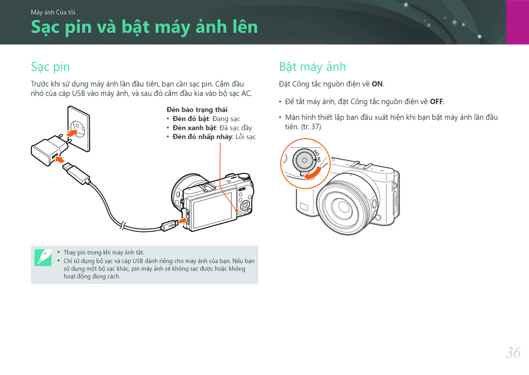 Samsung EV-NX500ZBMJVN manual Sạc pin và bật máy ảnh lên, Sạc pin Bật máy ảnh, Đặt Công tắc nguồn điện về ON, Tiên. tr 